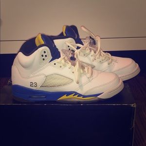 Jordan Shoes - Retro Jordan 5s in White/Varsity Royal Blue/Yellow Jordan Shoes - Retro Jordan 5s in White/Varsity Royal Blue/Yellow